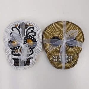 Set of 2 Beaded Skull Coasters Halloween Day of the Dead Decor Gold White  - Picture 1 of 3