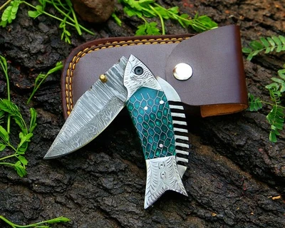 Cuchillo de Bolsillo Hecho a Mano Damasco Acero Forro Cerradura Plegable Caza EDC Cuchillo Bolsa Foto 1 de 4