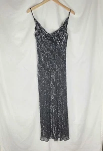 Y2K Vtg Valerie Silk Dress Womens 10 Black Silver Velvet Burnout Beaded Midi - Picture 1 of 16