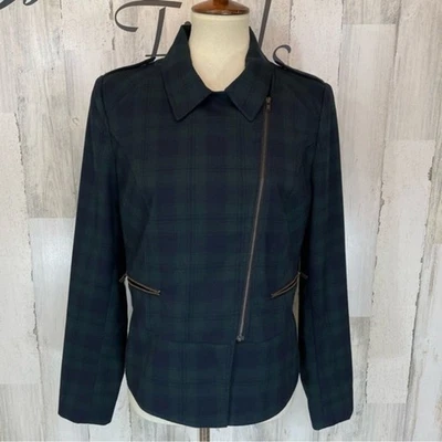 Cabi 3181 Green Navy‎ Tartan Plaid Asymmetrical Moto Zip Up Jacket Sz 8 - Image 1 of 4
