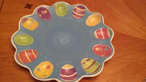 Ostereier Teller Keramik hält 12 Eier blau & bunt 12" Servierschale Platte - Bild 1 von 3