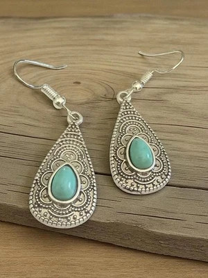BOHO Lindos Pendientes Colgantes Gancho Artesanal Turquesa Plata Tibetano Tailandés Foto 1 de 4