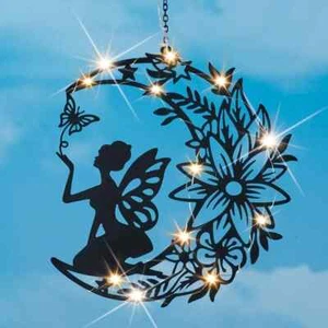 Solar beleuchtete Tinkerbell Fee sitzend auf Blumen Mond Silhouette Garten Mobile - Bild 1 von 1