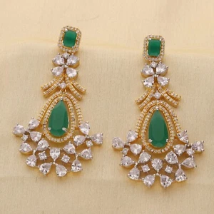 Exquisite CZ Green Stone Dangle Earrings with Floral Sparkle for Women - Picture 1 of 6