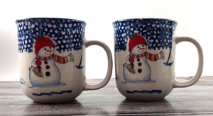 2) Vintage Thomson Pottery SNOWMAN Mugs Winter Christmas Blue Holidays ~ Retired - Picture 1 of 11