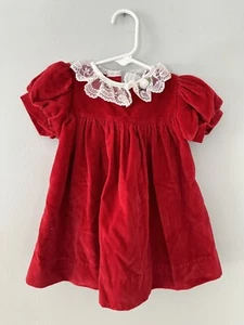 Vintage Red velvet Toddler Dress 18M USA Girls Velvet Lace trim rosette - Picture 1 of 4