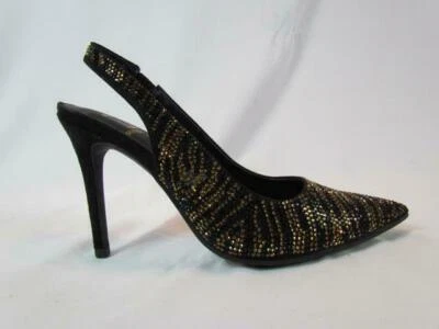 Nuevo en caja Material Niña Dorado Negro Estrás Punta Eslinga Trasera Tacón de aguja 5 M Foto 1 de 4