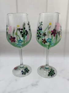 Floral Hand Painted Set Of Two Stem Wine Glass - Picture 1 of 6