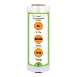 4 Rolls Clear 15" x 1000 Ft. 120 Gauge Cast Hand Stretch Wrap Pallet Shrink Film - Picture 1 of 8