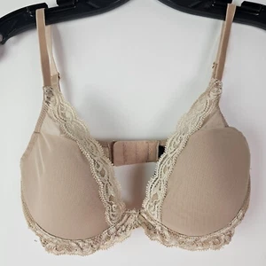 Natori Feathers Contour T-Shirt Plunge Bra Lace Underwire 32C Beige - Picture 1 of 7