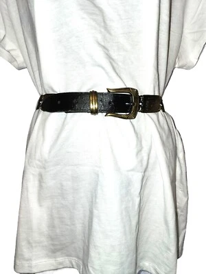 Vtg Boho Metal Chain Link Belt Antiqued Gold Tone Black Bonded Leather M/L - Image 1 of 4