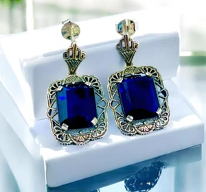 VINTAGE STYLE 925 STERLING SILVER SIMULATED SAPPHIRE FILIGREE EARRINGS 1816 - Picture 1 of 3