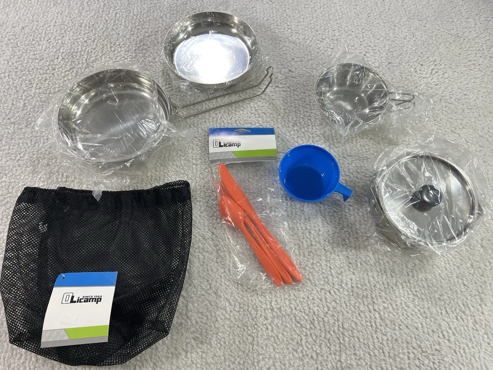 Olicamp Deluxe Stainless Steel Mess Kit w/Fry Pan-Pot w/Lid-Dish-Cutlery-Cups - Image 1 of 2