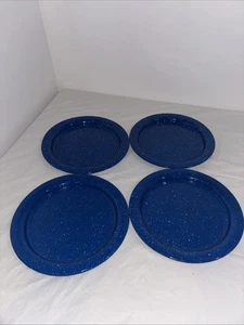 Set Of 4 Plates Blue Speckled Enamelware Camping Cabin Core Vintage - Picture 1 of 10