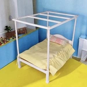 Vtg Wooden Dollhouse Furnature Four Poster Bed With Mattresses, Cover & Pillow - Picture 1 of 11