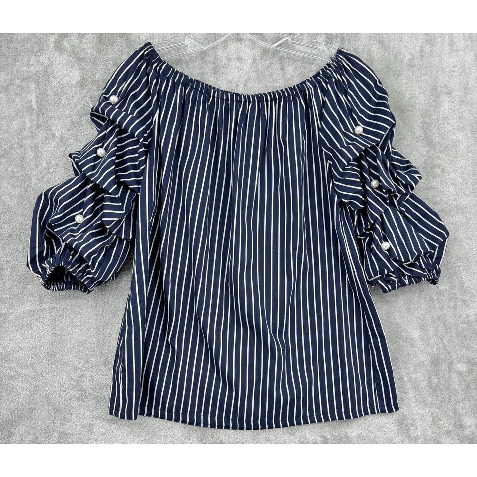 Coco Bianco Blouse Large Striped Off The Shoulder Pearl Puff Sleeve Coquette - Image 1 of 4