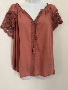 Old Navy Damen Bluse Gr. L Bauern Kurzarm Boho Häkel Orange - Bild 1 von 7
