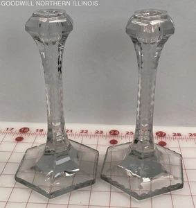Pair of Vintage Clear Cut Glass Candlesticks Candle Holders - Picture 1 of 6