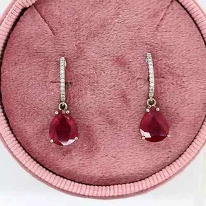 Dangly Pigeon Blood Natural Red Ruby Drop Earring For Her 14k Solid White Gold - Picture 1 of 14