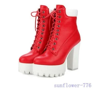 Platform Women's Ankle Boots Leather Lace Up Knight Block High Heel Court Shoes - Picture 1 of 16