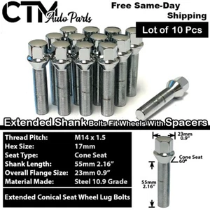 10x Chrome 14x1.5 Conical Lug Bolts 55mm Shank Fit Ferrari Bugatti 3-8mm Spacer - Picture 1 of 5