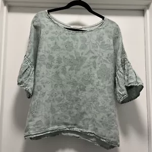 Viola Borghi Green Large Linen Top Ruffle Short Sleeves Made in Italy Boho Boxy - Picture 1 of 11