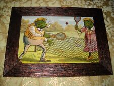 DRESSED FROGS PLAY TENNIS 4 X 6 brown frame animal picture Victorian style print