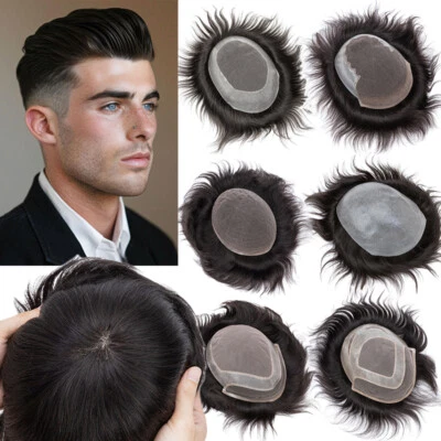 Remy Human Hair Men Toupee Glue On Hairpiece Durable Fine Mono/Lace/Poly Skin PU - Image 1 of 4