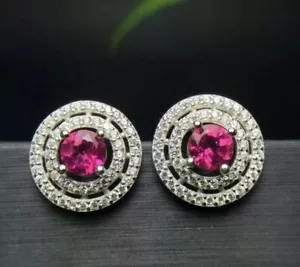 2,50 kt Rundschliff simulierter rosa Rubin Halo Ohrstecker in 14 kt Weißgold plattiert - Bild 1 von 6