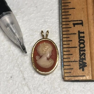Vintage Small Cameo Woman Head Gold tone Base Pendant Two Loop Hanger - Picture 1 of 9