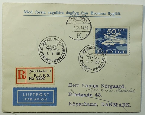 1936 Sweden 1st Regular Daily Flights Stockholm to Copenhagen Reg. Airmail Cover Cover