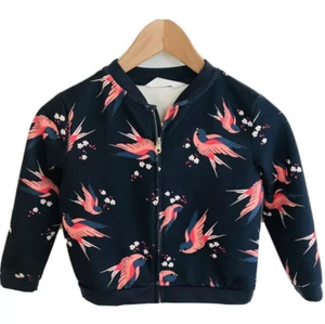 H&M Girls Size 4-6Y Bomber Jacket Long Sleeve Navy Blue Birds Floral - Picture 1 of 8