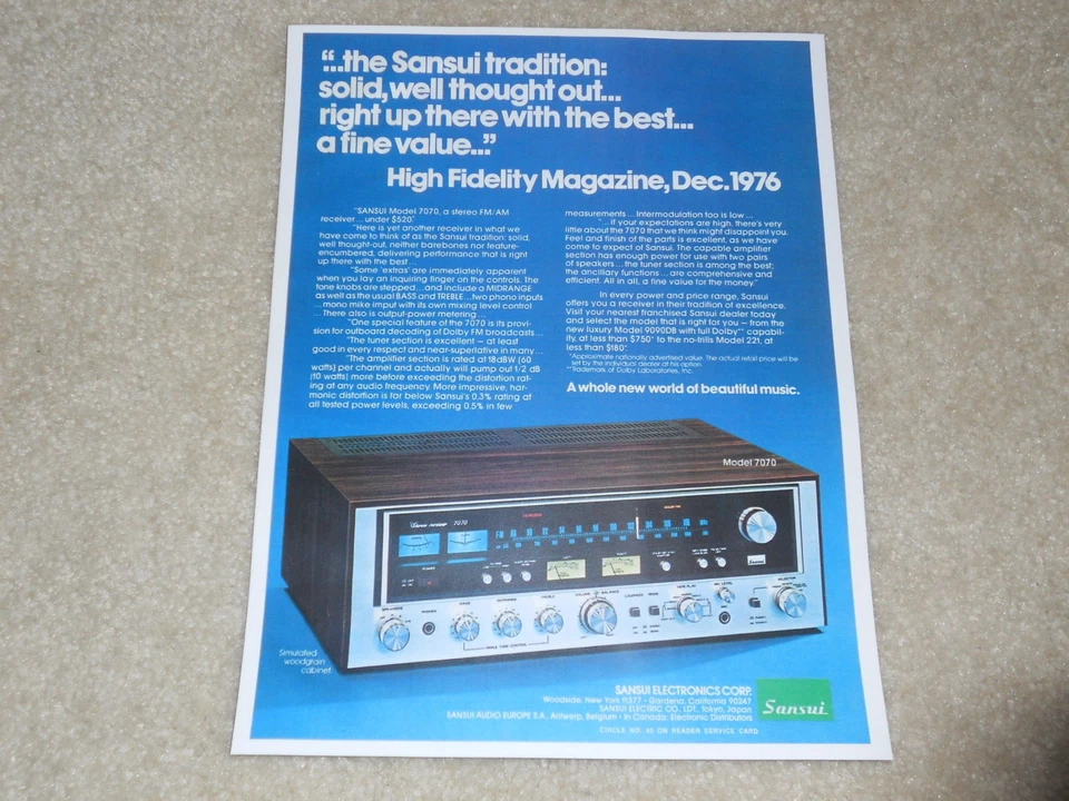 Anúncio de Super Receptor Sansui 7070, 1976, 1 página, Artigo, Lindo Anúncio! - Imagem 1 de 1