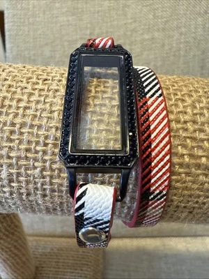 Origami Owl Plaid Double Wrap Leather Bracelet ~ Black Crystal Bar Locket ~ New - Image 1 of 3