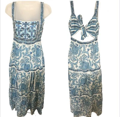 Joie 4 Maxi Dress Back Cut Out Sleeveless Blue White Floral Bead Sequin Cotton - Image 1 of 4