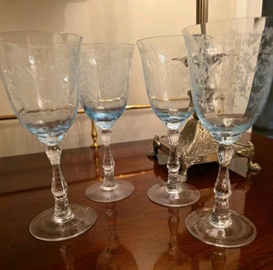 4 Fostoria Lenox Azure Blue Navarre Wine Crystal Stem Glass 7 3/4" Excellent - Picture 1 of 6