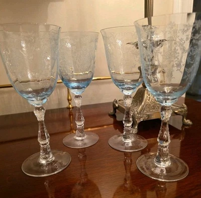 4 Fostoria Lenox Azure Blue Navarre Wine Crystal Stem Glass  7 3/4" Excellent - Image 1 of 4