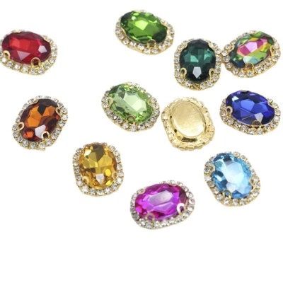 Oval Sew on Glass Crystal Rhinestone Faceted Golden Setting Jewels Button Beads