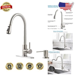 Lead-Free Brushed Nickel Kitchen Faucet with 360° Rotating Sprayer & Soap Pump - Picture 1 of 10