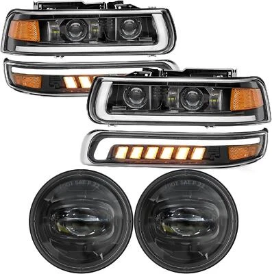 Fit For 2001-2006 Chevy Tahoe Suburban 1500 LED DRL Black Headlights Combo Kit - Image 1 of 4