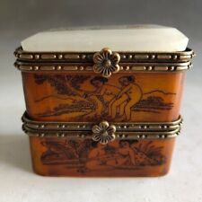 Old Chinese Ox inlay jade handcarved Safe lucky Jewelry Boxes 