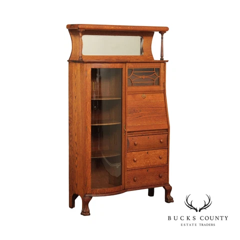 Antique Victorian Oak Side by Side Secretary Desk Curio Cabinet Cover