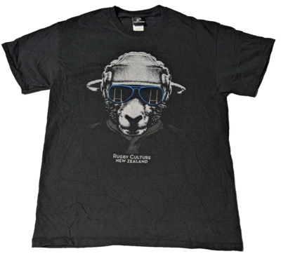 RUGBY CULTURE NEW ZEALAND Men Large Black Cotton Sheep Shades T-Shirt - Image 1 of 4