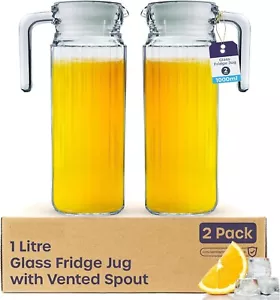 Fridge Jug 1L Glass Water Jug with Lid (2 Pack) - Clear Water Pitcher Pimms & Pi - Picture 1 of 7