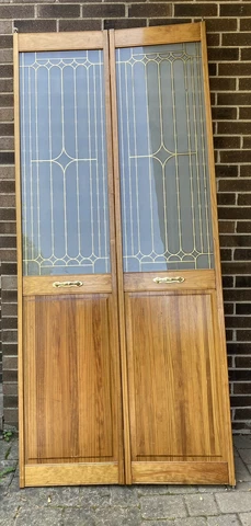 Vintage Art Deco Door Glass Wood Gold Brass Foil Leaf Arch Inlay Pantry Closet Cover