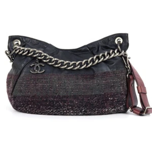 Chanel 2-way shoulder bag tweed leather black bordeaux women's Auth 0553 - Picture 1 of 10
