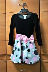 BONNIE JEAN PARTY DRESS FOR GIRL SIZE 7 BLACK VELOUR DOTTED SKIRT LONG SLEEVE - Picture 1 of 6