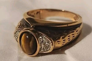 Seta Tigers Eye Ring  Gold Tone Rhinestone Clear Oval Stone Brown Costume - Picture 1 of 5