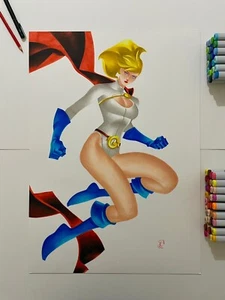 POWER GIRL 17X22" PINUP ART ORIGINALE DI FAMOUR DC MARVEL ARTIST THONY SILAS - Foto 1 di 3