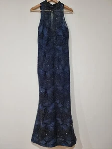 BARIANO Dress AUS10 US6 Maxi Blue Mermaid Hem Metallic Leaf Fishtail Gown - Picture 1 of 12